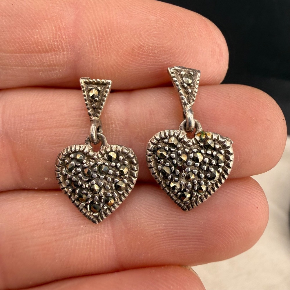 Vintage Sterling Silver Pierced Earrings Heart Dangle Marcasite Signed‎